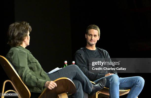 Kara Swisher and Evan Spiegel, CEO of Snap Inc. Speaks onstage during the Snap Partner Summit 2023 at Barker Hangar on April 19, 2023 in Santa...