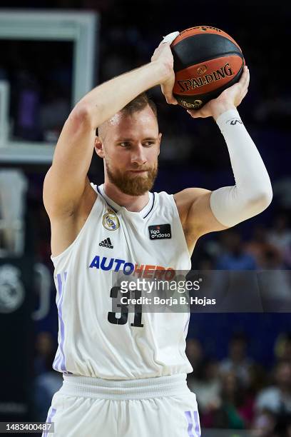 Dzanan Musa of Real Madrid during ACB League match between Real Madrid and Basquet Girona at WiZink Center on April 19, 2023 in Madrid, Spain.