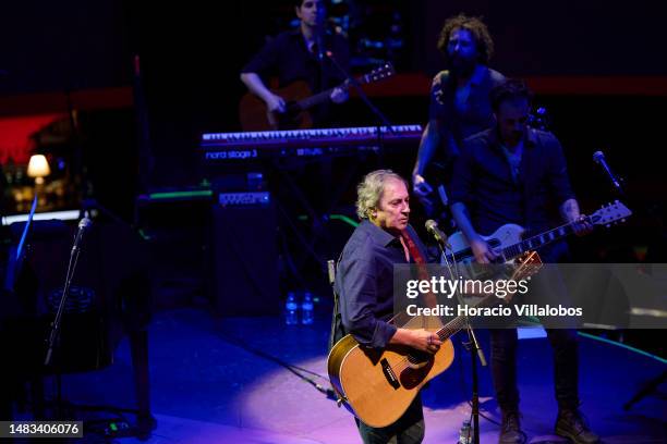 Portuguese Rock-Pop singer and songwriter Jorge Palma performs onstage at a packed Arena Lounge in Casino de Lisboa on April 19, 2023 in Lisbon,...