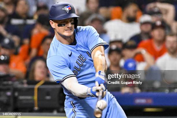 Matt Chapman of the Toronto Blue Jays bats in the fourth inning against the Houston Astros at Minute Maid Park on April 19, 2023 in Houston, Texas.