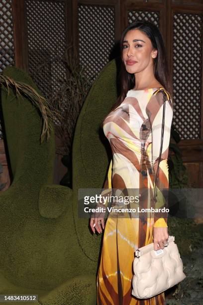 Belen Rodriguez attends the "The Green Rabbit" Dinner & Party photocall on April 19, 2023 in Milan, Italy.