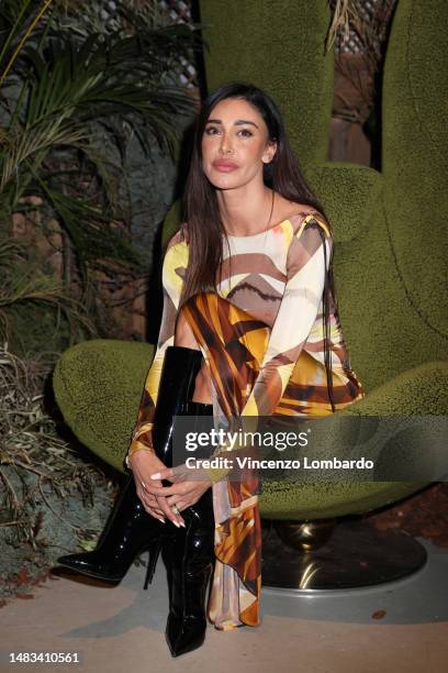 Belen Rodriguez attends the "The Green Rabbit" Dinner & Party photocall on April 19, 2023 in Milan, Italy.