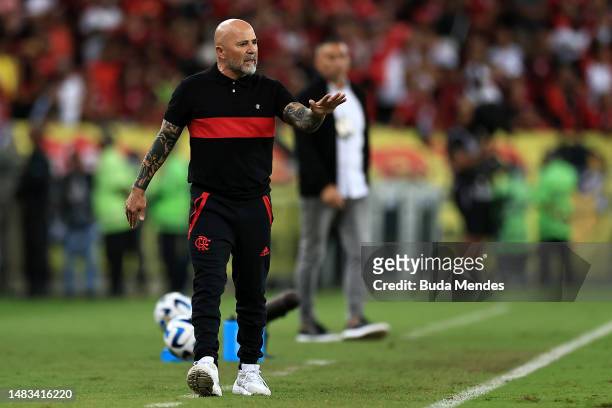 Jorge Sampaoli, head coach of Flamengo gestures during the match between Flamengo and Ñublense as part of Copa CONMEBOL Libertadores 2023 at Maracana...