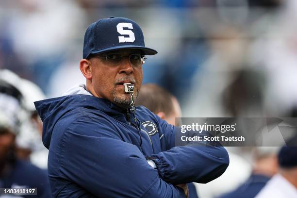 Head coach James Franklin of the Penn State Nittany Lions looks on before the Penn State Spring Football Game at Beaver Stadium on April 15, 2023 in...