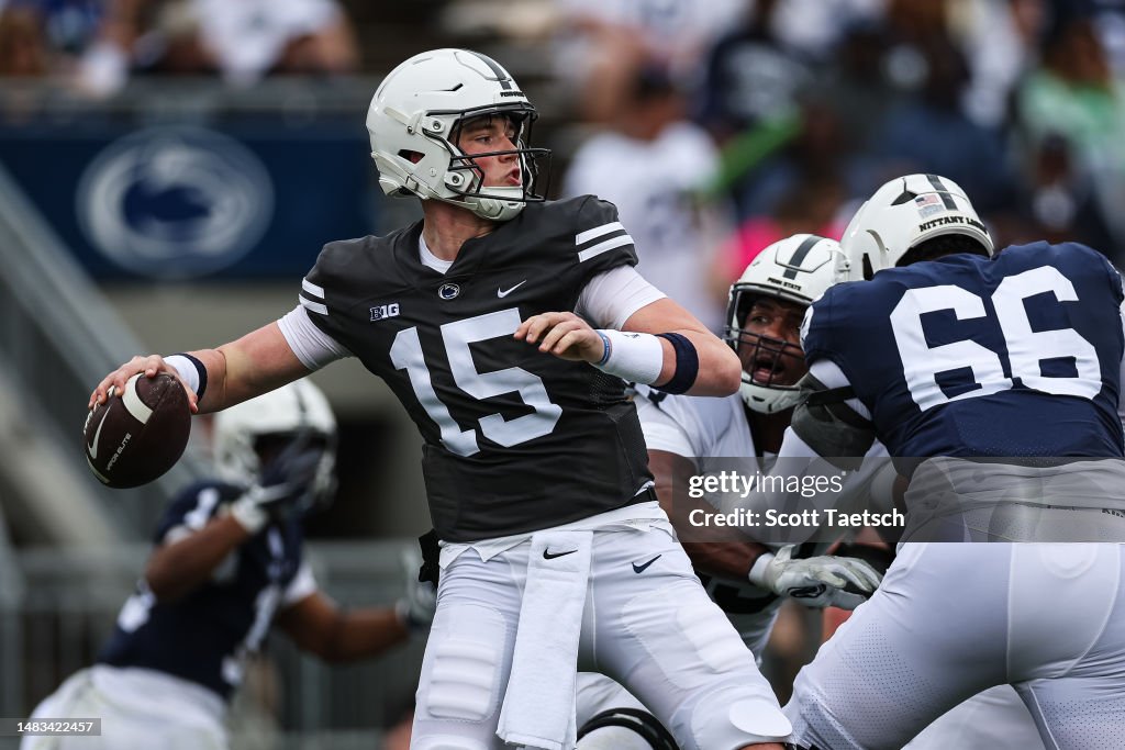 Penn State Football Spring Drew Allar of the Penn State Nittany Lions attempts a pass during the ...