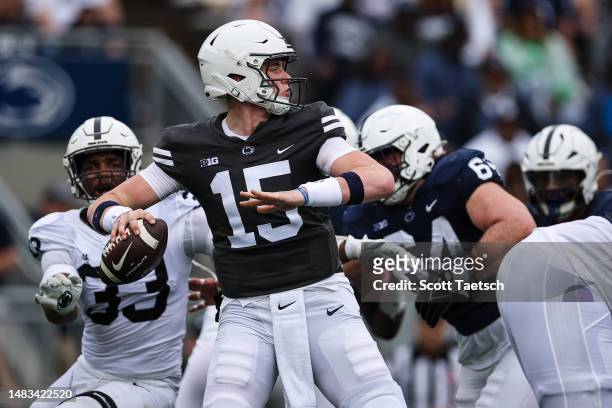 Drew Allar of the Penn State Nittany Lions attempts a pass during the Penn State Spring Football Game at Beaver Stadium on April 15, 2023 in State...