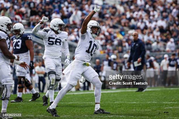 Mehki Flowers of the Penn State Nittany Lions celebrates after a play during the Penn State Spring Football Game at Beaver Stadium on April 15, 2023...