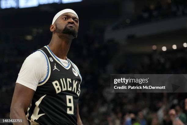 Bobby Portis of the Milwaukee Bucks reacts after a basket against the Miami Heat during the first half of Game Two of the Eastern Conference First...