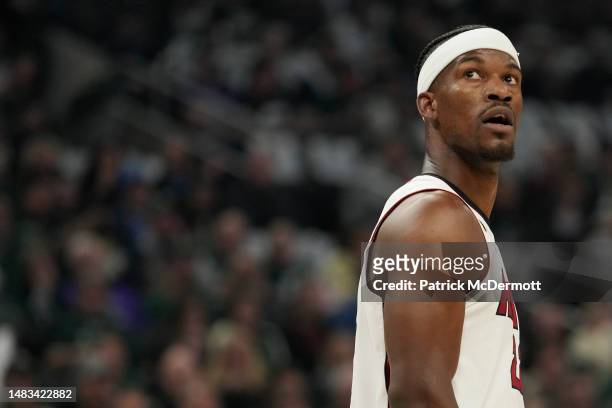 Jimmy Butler of the Miami Heat reacts during the first half of Game Two of the Eastern Conference First Round Playoffs against the Milwaukee Bucks at...