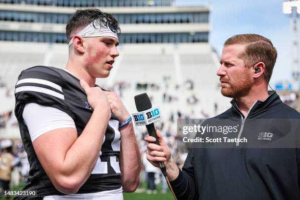 Drew Allar of the Penn State Nittany Lions is interviewed on the field by Matt McGloin of the Big Ten Network during the Penn State Spring Football...