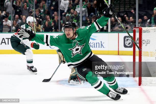 Roope Hintz of the Dallas Stars celebrates after scoring a goal against Marc-Andre Fleury of the Minnesota Wild in the first period in Game Two of...