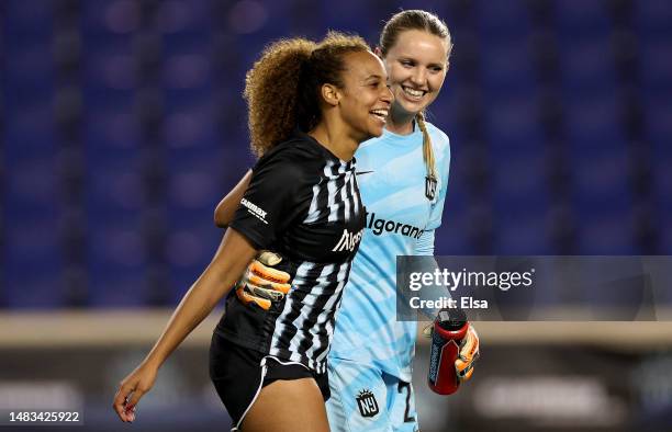 Mandy Haught and Ellie Jean of the NJ/NY Gotham FC celebrate the win over the Washington Spirit during the 2023 NWSL Challenge Cup match at Red Bull...