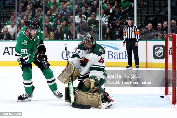 Tyler Seguin of the Dallas Stars scores a goal against Marc-Andre Fleury of the Minnesota Wild in the first period in Game Two of the First Round of...