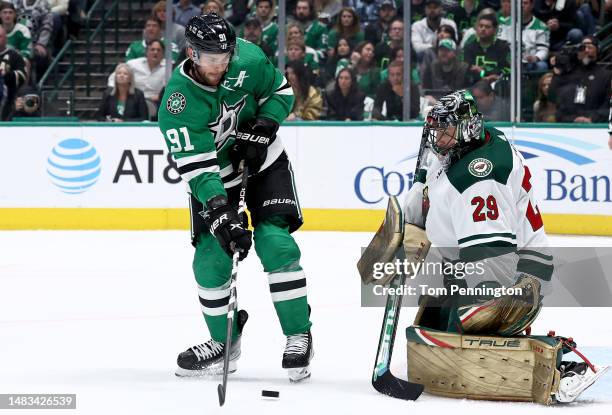 Tyler Seguin of the Dallas Stars scores a goal against Marc-Andre Fleury of the Minnesota Wild in the first period in Game Two of the First Round of...