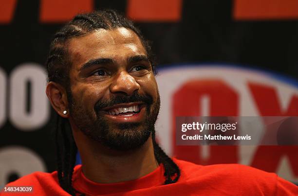 David Haye talks to media after the Heavyweight Fight against Dereck Chisora at Boleyn Ground on July 14, 2012 in London, England.