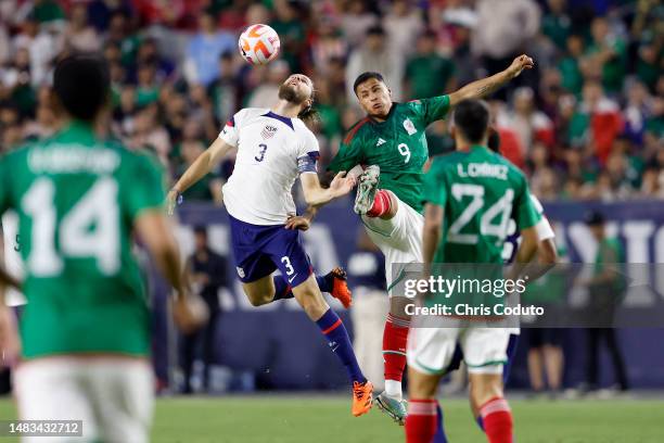 Walker Zimmerman of the United States and Roberto de la Rosa of Mexico battle for the ball during the first half of the 2023 Continental Clasico at...