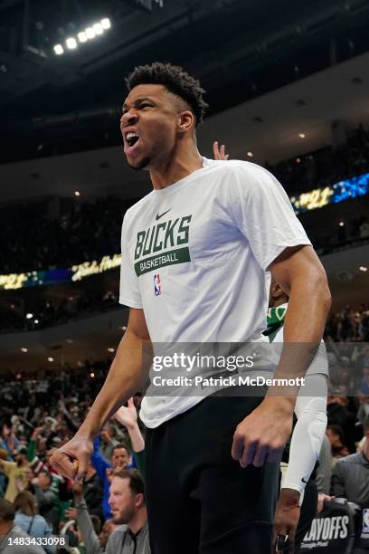 Giannis Antetokounmpo of the Milwaukee Bucks reacts during the first half of Game Two of the Eastern Conference First Round Playoffs against the...