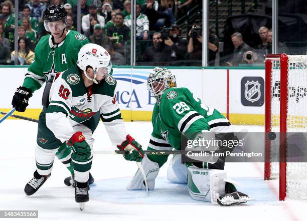 Marcus Johansson of the Minnesota Wild scores a goal against Jake Oettinger of the Dallas Stars in the second period in Game Two of the First Round...