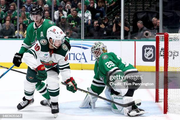 Marcus Johansson of the Minnesota Wild scores a goal against Jake Oettinger of the Dallas Stars in the second period in Game Two of the First Round...