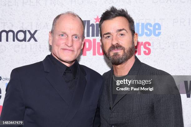 Woody Harrelson and Justin Theroux attend HBO Special Screening of 'White House Plumbers' at U.S. Navy Memorial Theater on April 19, 2023 in...