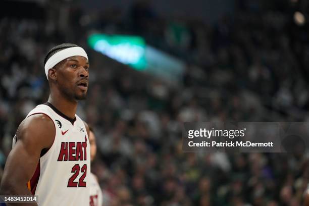 Jimmy Butler of the Miami Heat reacts during the first half of Game Two of the Eastern Conference First Round Playoffs against the Milwaukee Bucks at...