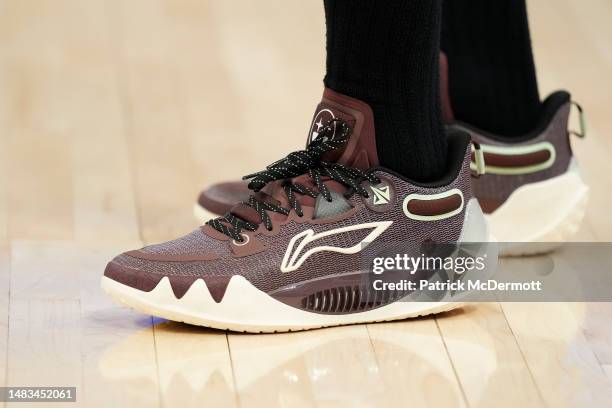 Detail view of the basketball shoes worn by Jimmy Butler of the Miami Heat during pregame warmups prior to Game Two of the Eastern Conference First...