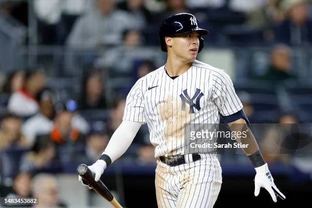 Anthony Volpe of the New York Yankees reacts after striking out during the sixth inning against the Los Angeles Angels at Yankee Stadium on April 19,...