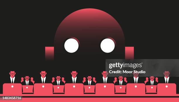 mitarbeiter an den computern und riesige roboter-illustration - sünde stock-grafiken, -clipart, -cartoons und -symbole