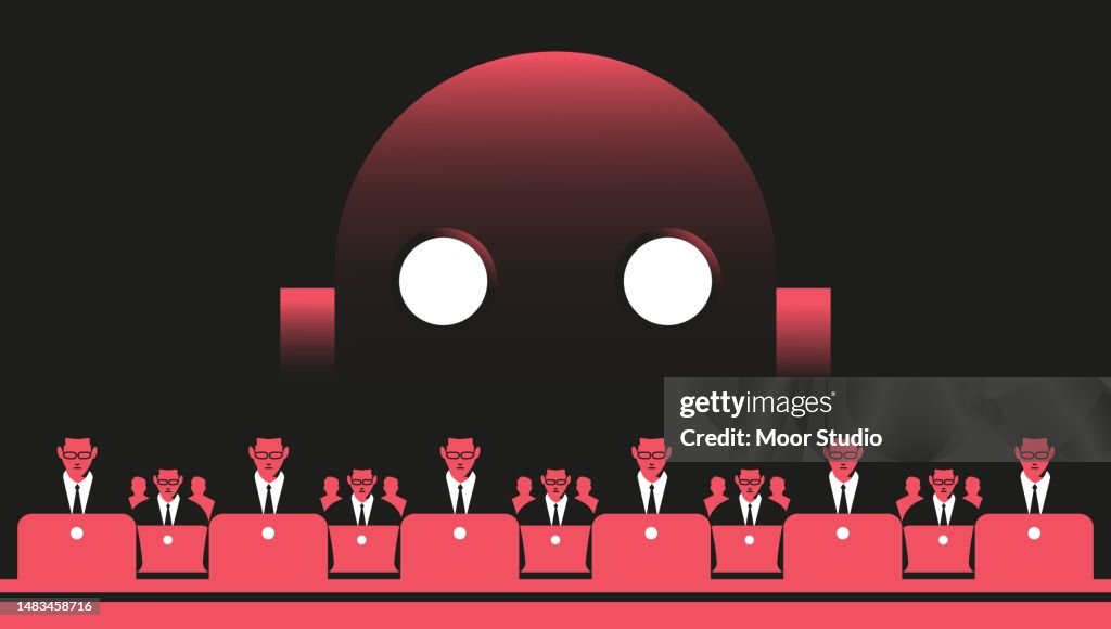 Employees at the computers and giant robot illustration