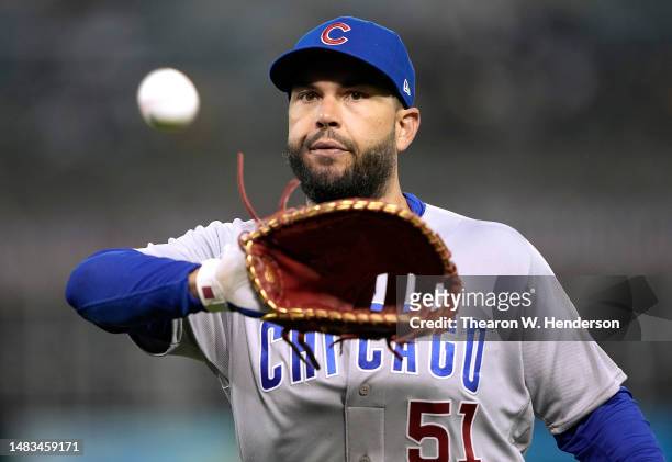 Eric Hosmer of the Chicago Cubs heads to the dugout at the end of the fourth inning against the Oakland Athletics at RingCentral Coliseum on April...