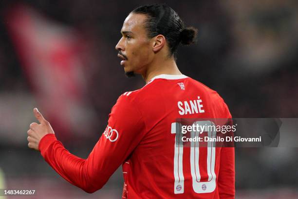 Leroy Sané of FC Bayern Muenchen gestures during the UEFA Champions League quarterfinal second leg match between FC Bayern München and Manchester...