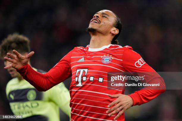 Leroy Sané of FC Bayern Muenchen reacts during the UEFA Champions League quarterfinal second leg match between FC Bayern München and Manchester City...