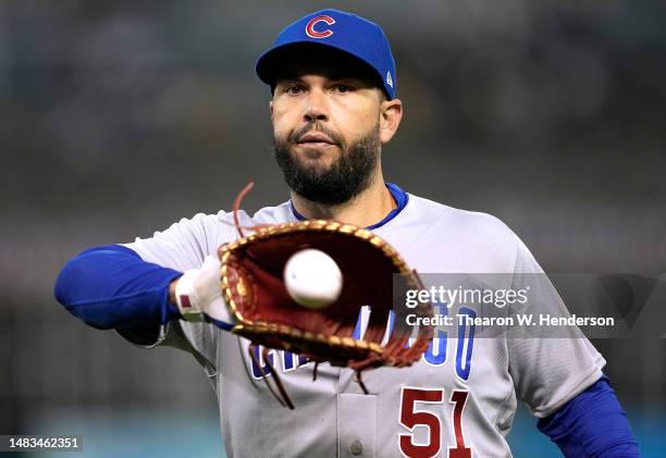 Eric Hosmer of the Chicago Cubs heads to the dugout at the end of the fourth inning against the Oakland Athletics at RingCentral Coliseum on April...