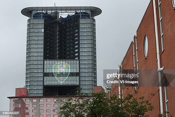 Reclame ADO Den Haag op de hoogste toren van Den Haag during the Friendly match between ADO Den Haag and KV Kortrijk at Sportpark Jan van Beerstraat...