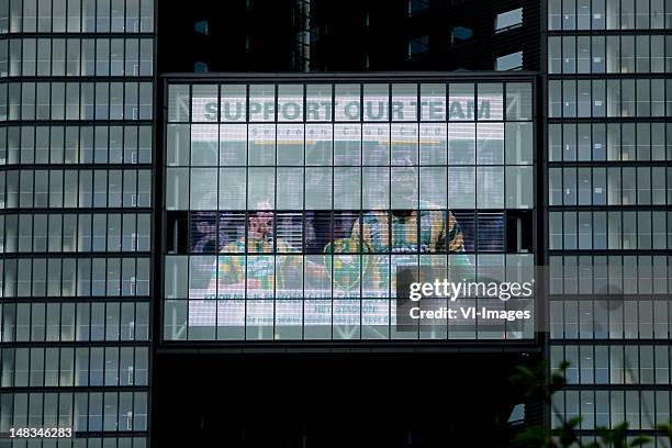 Reclame ADO Den Haag op de hoogste toren van Den Haag during the Friendly match between ADO Den Haag and KV Kortrijk at Sportpark Jan van Beerstraat...