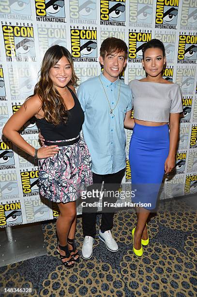Actors Jenna Ushkowitz, Kevin McHale and Naya Rivera attends the "GLEE" Press Room during Comic-Con International 2012 held at the Hilton San Diego...