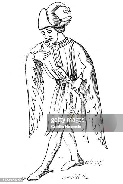 stockillustraties, clipart, cartoons en iconen met as zatteltracht or zaddeltracht is a high and late medieval dress fashion in which the lower hems of the tops and the sleeves have been dug out or dipped - circa 15th century