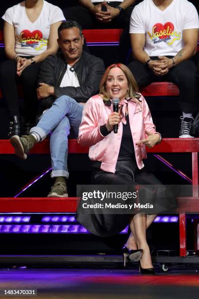 Andrea Legarreta speaks during the press conference to present the new cast of the play 'Vaselina' at Centro Cultural Teatro 1 on April 19, 2023 in...