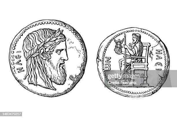 coins of elis with zeus of olympia - ancient olympia greece stock illustrations