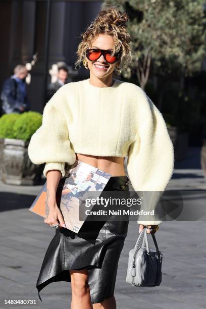 Rita Ora arriving at Capital Breakfast promoting new single 'Praising You' on April 20, 2023 in London, England.