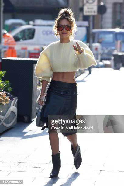 Rita Ora arriving at Capital Breakfast promoting new single 'Praising You' on April 20, 2023 in London, England.