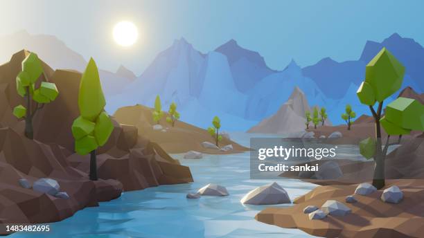 low polygonal virtual world landscape, meta universe. - polygon tree stock pictures, royalty-free photos & images