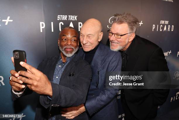 LeVar Burton, Patrick Stewart and Jonathan Frakes attend the IMAX "Picard" screening at AMC The Grove 14 on April 19, 2023 in Los Angeles, California.