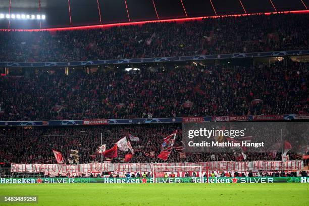 Fans of FC Bayern München protest with a banner against the club leadership during the UEFA Champions League quarterfinal second leg match between FC...