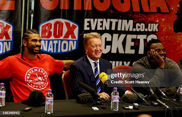 David Haye , Frank Warren and Dereck Chisora during the post fight press conference after the vacant WBO and WBA International Heavyweight...