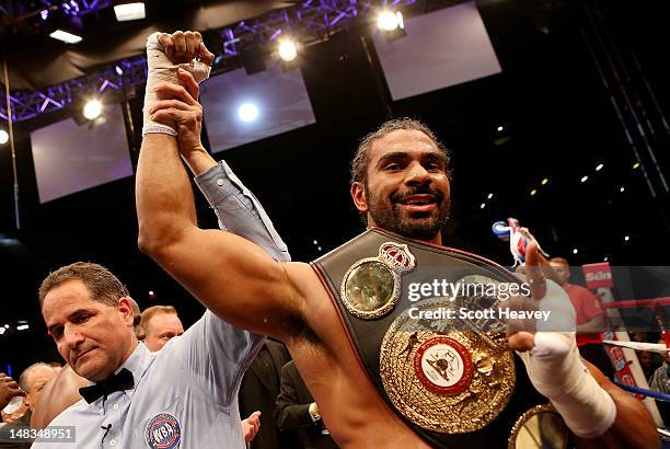 David Haye celebrates his victory over Dereck Chisora during their vacant WBO and WBA International Heavyweight Championship bout on July 14, 2012 in...