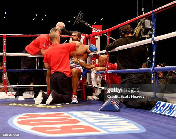 David Haye in his corner during his vacant WBO and WBA International Heavyweight Championship bout with Dereck Chisora on July 14, 2012 in London,...