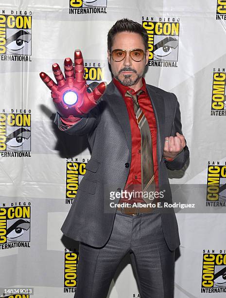 Actor Robert Downey Jr. Arrives at the "Iron Man 3" panel with Marvel Studios during Comic-Con International 2012 at San Diego Convention Center on...