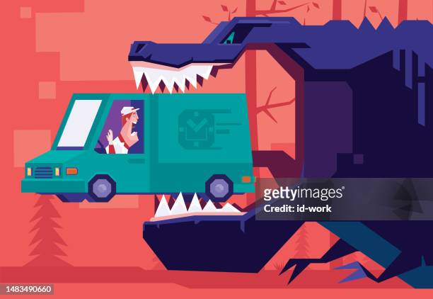 dinosaur biting delivery van with screaming driver - animals attacking stock illustrations
