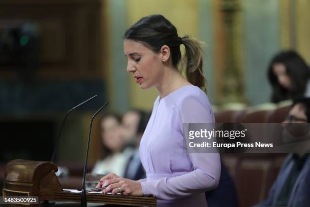 The Minister of Equality, Irene Montero, speaks during a plenary session in the Congress of Deputies, on 20 April, 2023 in Madrid, Spain. During the...